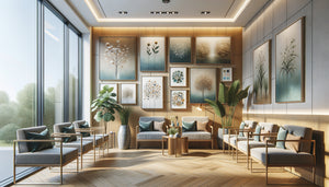 Salle d'attente médicale moderne avec composition harmonieuse de tableaux aux tons apaisants bleus et verts