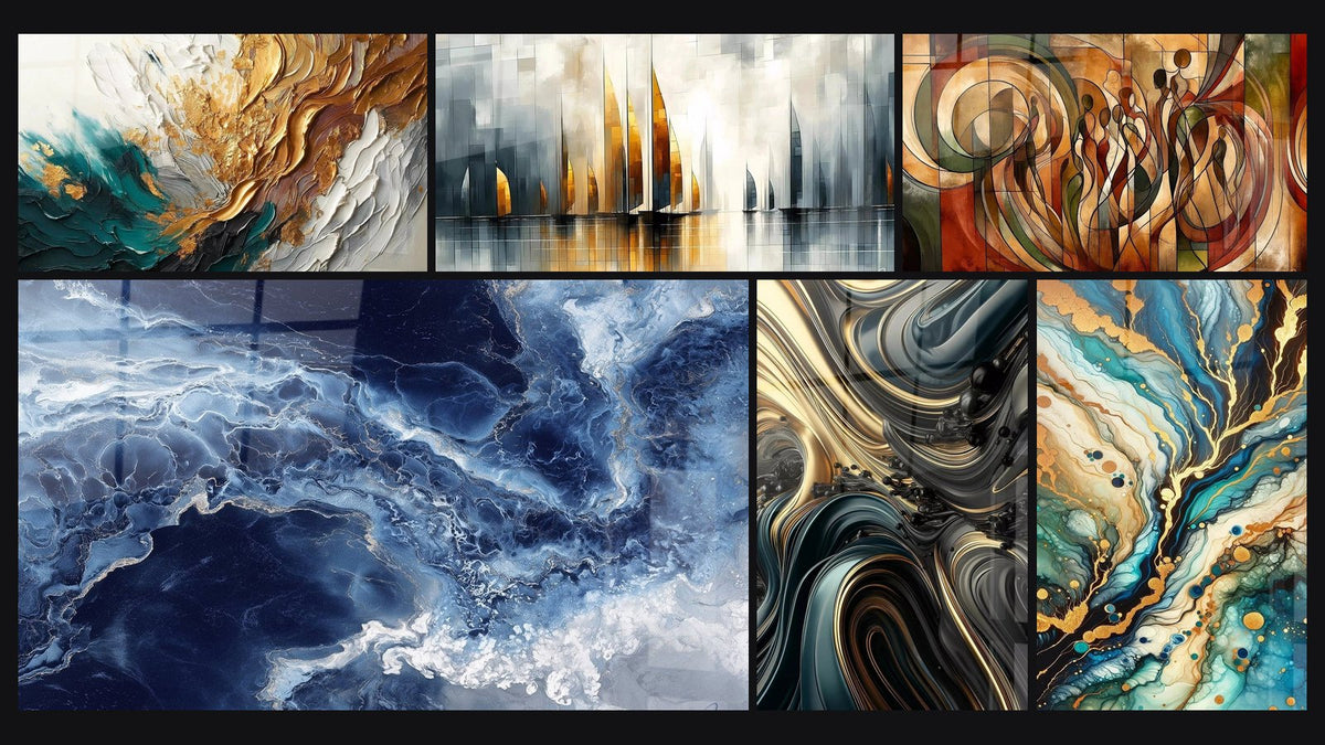 Mosaic of six paintings, including Trace Artwork in Gold and Jade and Blue Nuances and Fluid Golden Veins