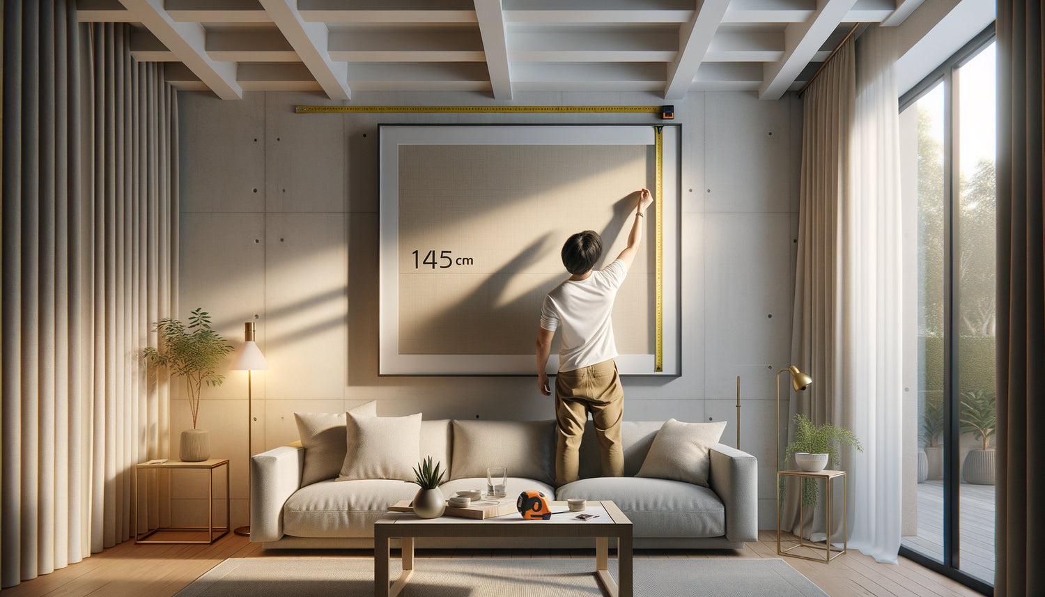 Personne mesurant la hauteur d'accrochage d'une œuvre d'art à 145 cm dans un intérieur Airbnb moderne