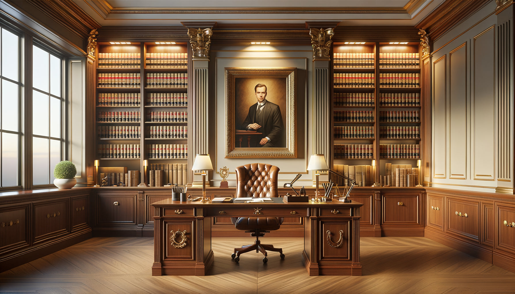 Bureau d'avocat élégant avec tableau accroché à hauteur idéale selon règles professionnelles d'accrochage