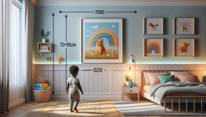 Enfant de 3 ans regardant un tableau accroché à sa hauteur dans une chambre contemporaine