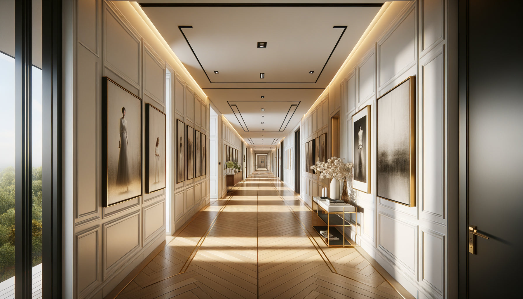 Couloir résidentiel moderne avec tableaux accrochés à hauteur idéale formant une galerie privée