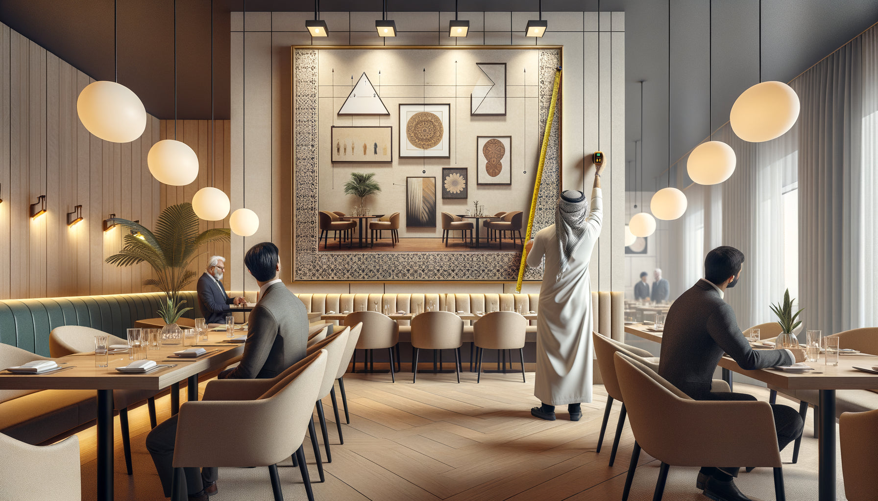 Designer mesurant la hauteur d'accrochage d'un tableau dans un restaurant contemporain avec convives assis