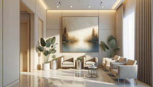 Salle d'attente médicale moderne avec tableau apaisant accroché à hauteur idéale de 145 cm pour patients assis