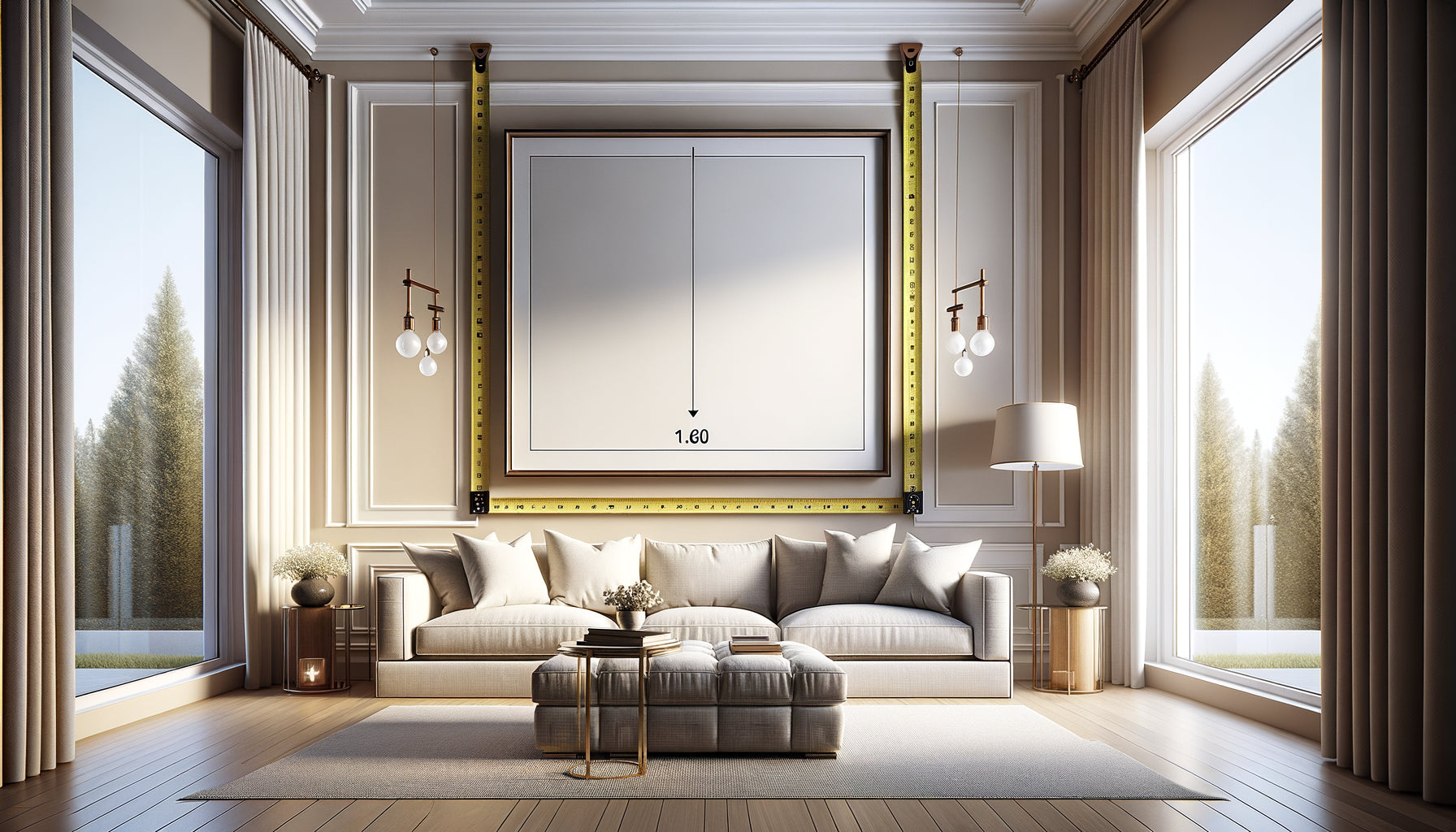 Tableau accroché à la hauteur idéale de 1,60 mètre dans un salon moderne avec mesure visible