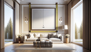 Tableau accroché à la hauteur idéale de 1,60 mètre dans un salon moderne avec mesure visible