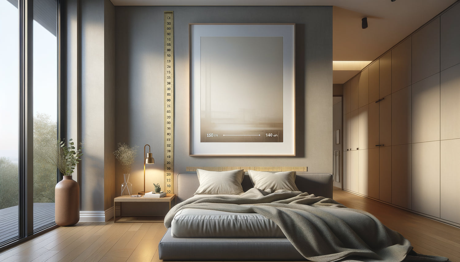 Tableau accroché à hauteur optimale de 140 cm dans une chambre moderne avec perspective lit