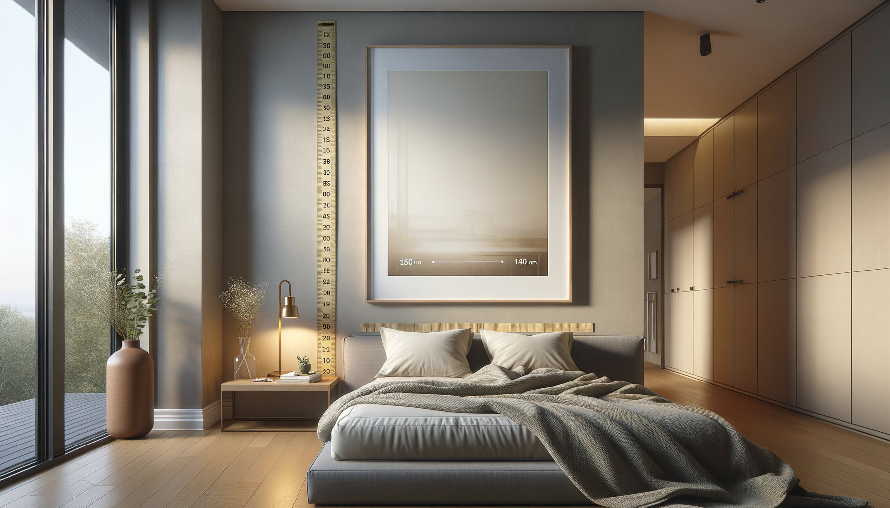 Tableau accroché à hauteur optimale de 140 cm dans une chambre moderne avec perspective lit