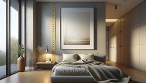 Tableau accroché à hauteur optimale de 140 cm dans une chambre moderne avec perspective lit