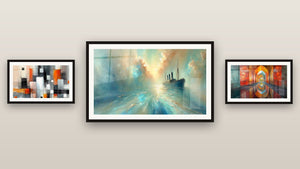 Mur de galerie avec trois tableaux encadrés : Voûtes Chatoyantes Vermillon, Au Cœur de la Brise et Mécanique des couleurs