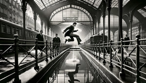 Photographie noir et blanc style Henri Cartier-Bresson années 1930, scène de rue parisienne capturant l'instant décisif