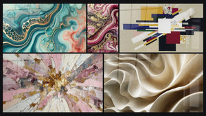 Mosaico de cinco cuadros, entre ellos Marea de Acuarela, Llamas Púrpura y Composición Geométrica Tensión Creativa