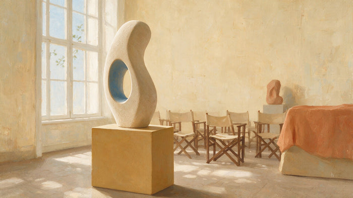 Une sculpture de pierre claire au creux teinté de bleu, posée sur un socle dans une salle de vente lumineuse et vide.