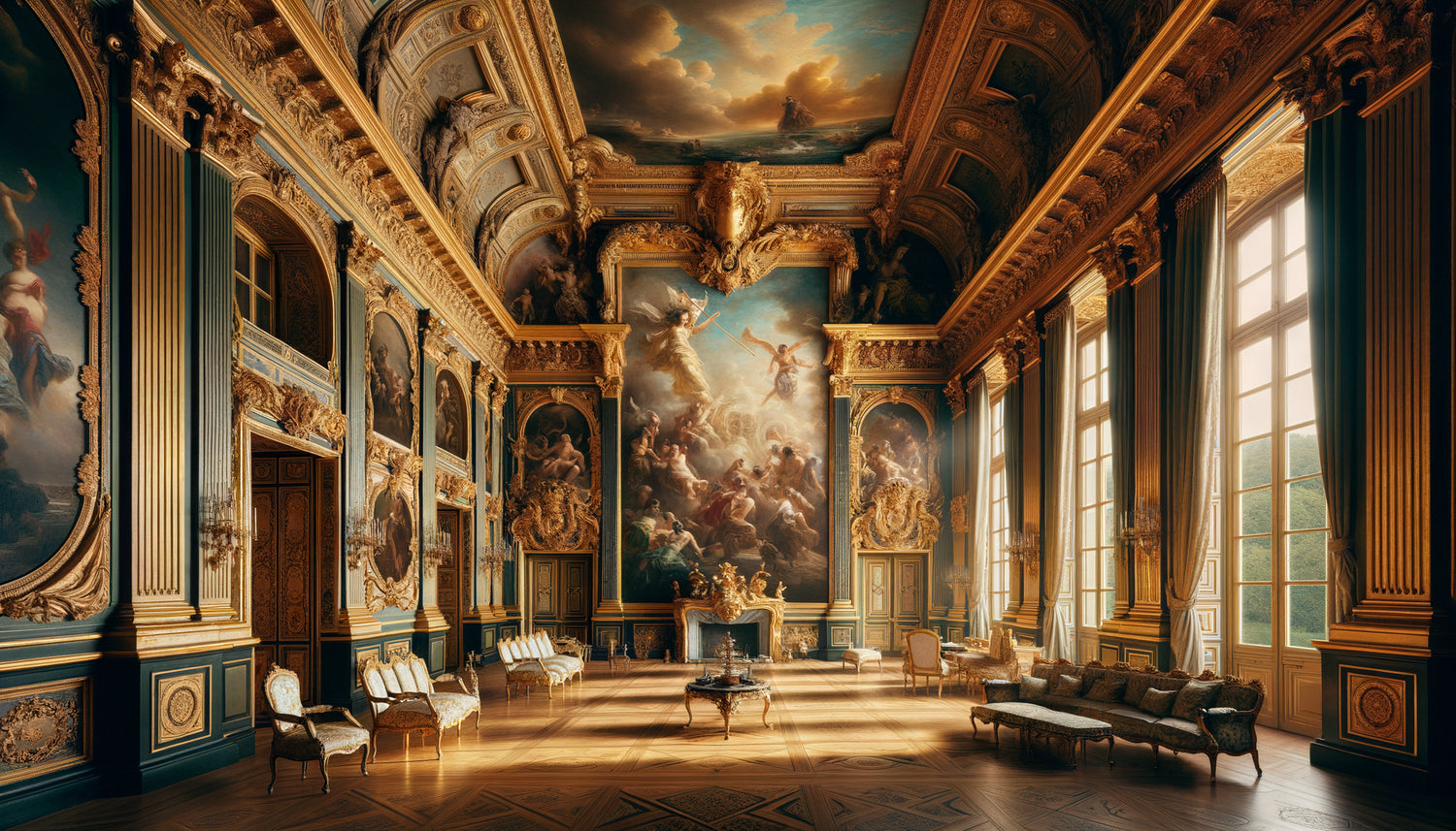 Salon aristocratique XVIIIe siècle montrant fresque murale dynastique et tableaux enchâssés dans boiseries dorées