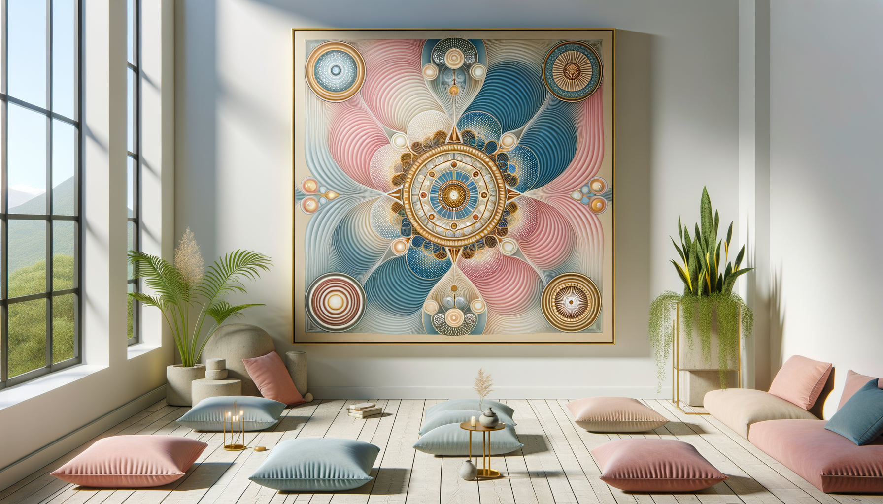 Peinture abstraite spirituelle de Hilma af Klint dans un centre de soins holistiques, formes géométriques et organiques en couleurs pastel thérapeutiques