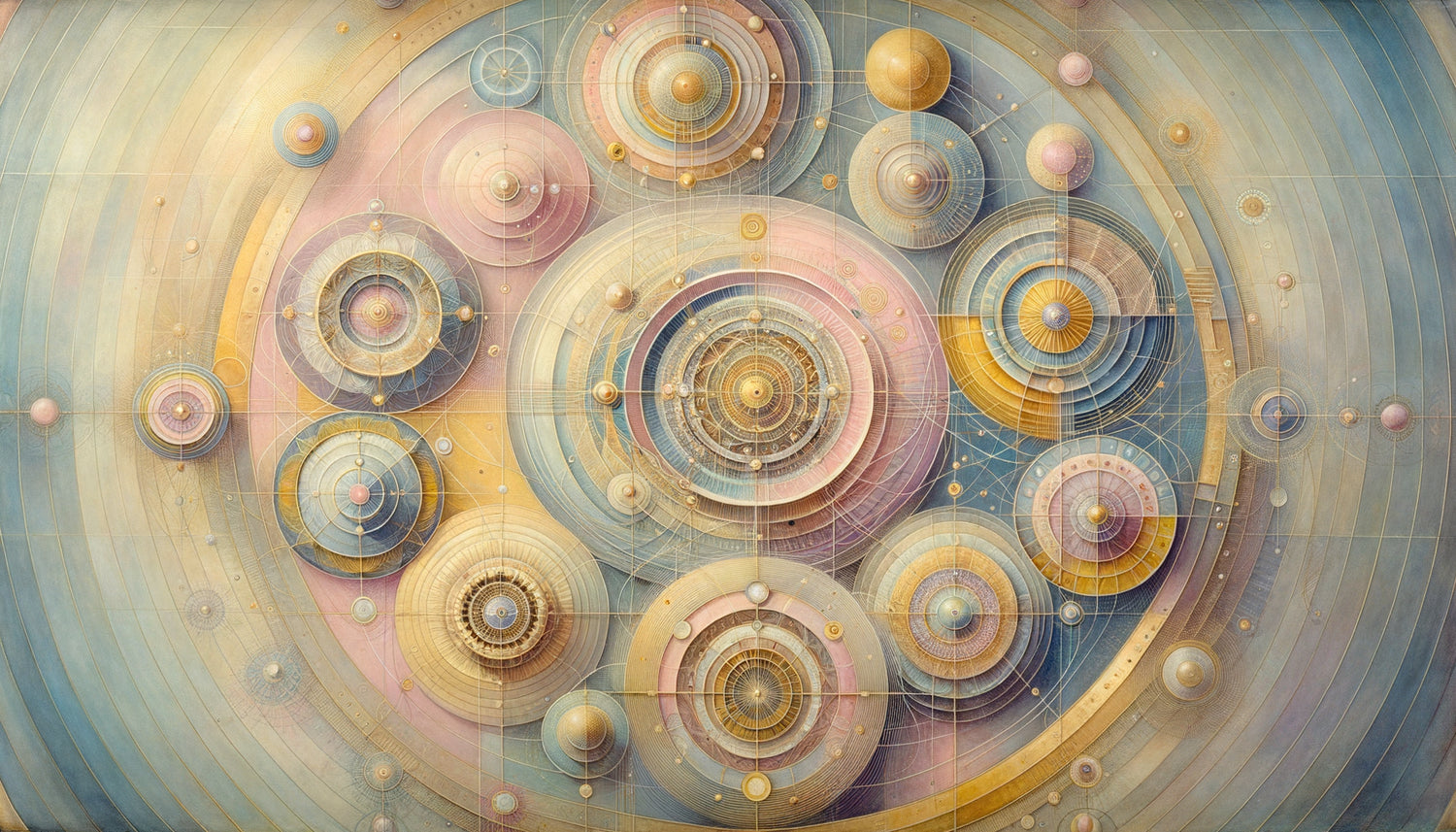 Peinture abstraite style Hilma af Klint années 1910, sphères célestes concentriques, géométrie sacrée, symbolisme théosophique et spirituel