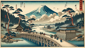 Estampe ukiyo-e d'Hiroshige montrant un site célèbre du Japon avec précision topographique, style documentaire du XIXe siècle