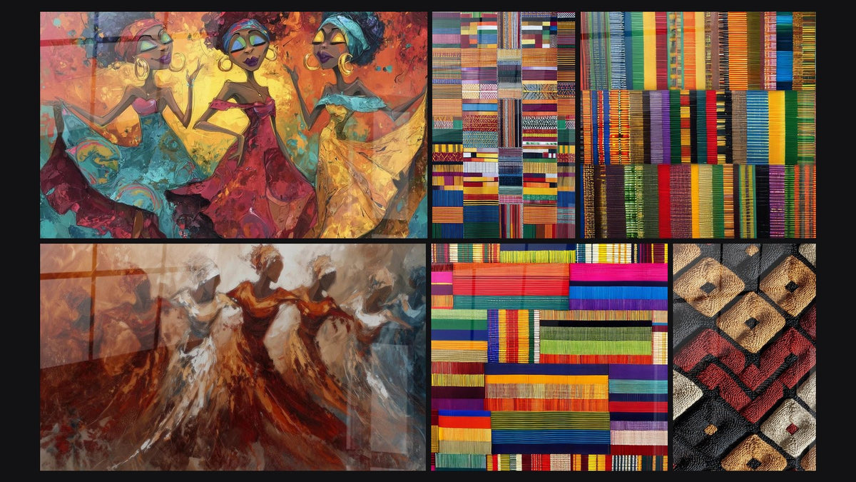 Mosaico di sei quadri, tra cui Con ballerine, gioielli dorati e Di danzatrici danze spirituali