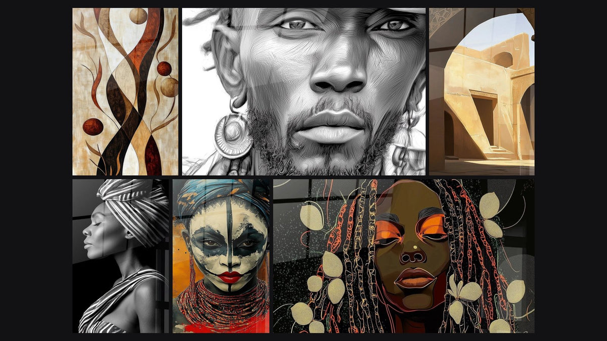 Mosaïque de six tableaux, dont Branches Souffle de la terre, Portrait Détermination stoïque et Femme Africaine Portrait