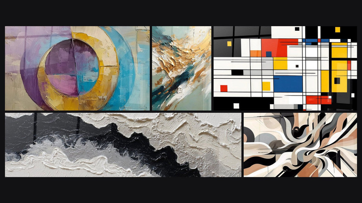 Mosaic of five paintings, including Concentric Colored Circles, Golden Flux and Reflux and Colorful geometric composition