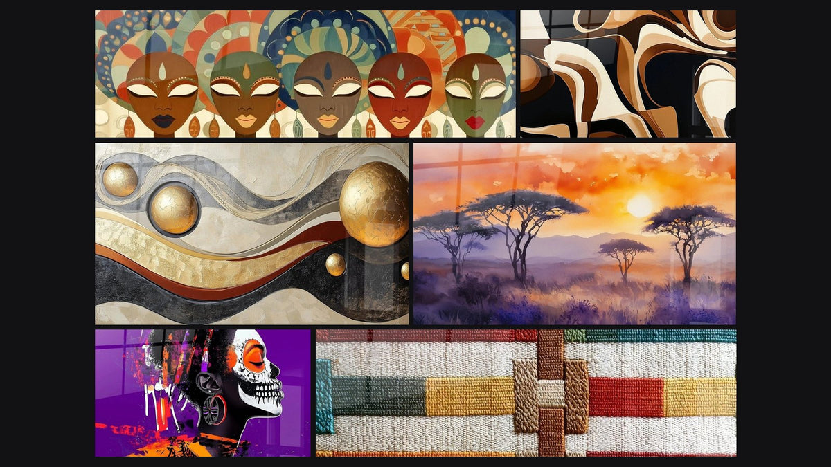 Mosaïque de six tableaux, dont Masques Traditions, Africain voyage intérieur et Formes Africaines Danse des Sables