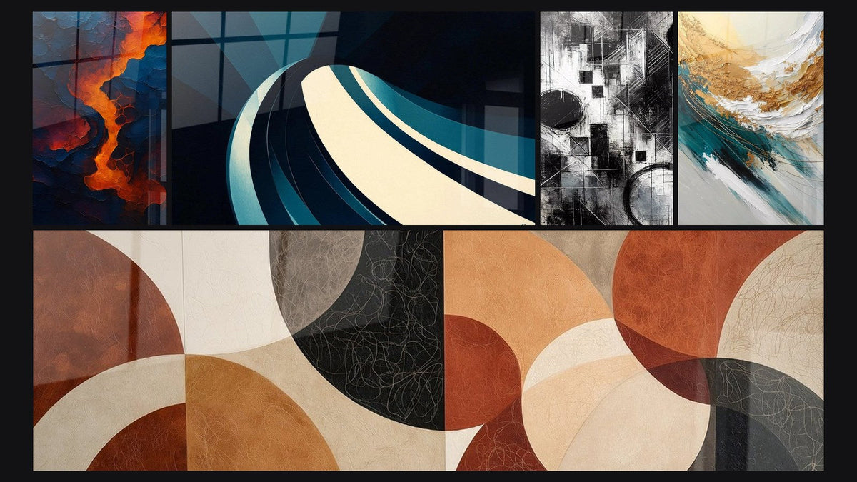 Mosaico de cinco cuadros, entre ellos Sangre de la tierra, Onda espiral moderno y Fragmentos del Absoluto