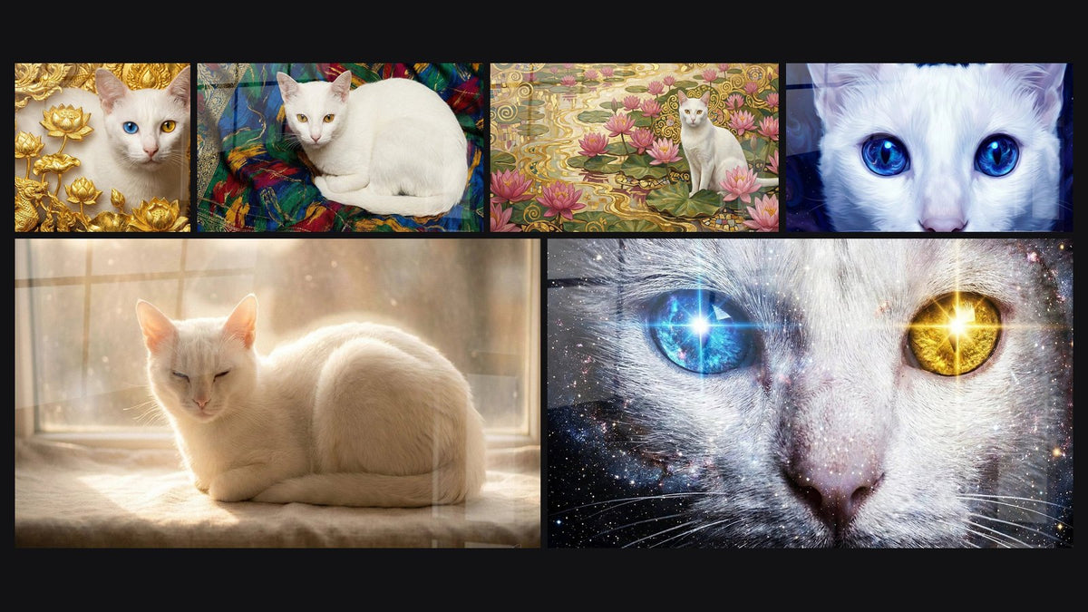 Mosaïque de six tableaux, dont Chat Blanc aux Yeux Dorés sur Tissu Coloré et Chat Khao Manee dans Jardin de Lotus