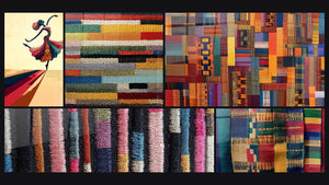 Mozaïek van vijf schilderijen, waaronder Dans van Kleuren, Met gekleurde textielstroken en Mozaïek van Afrikaanse stoffen