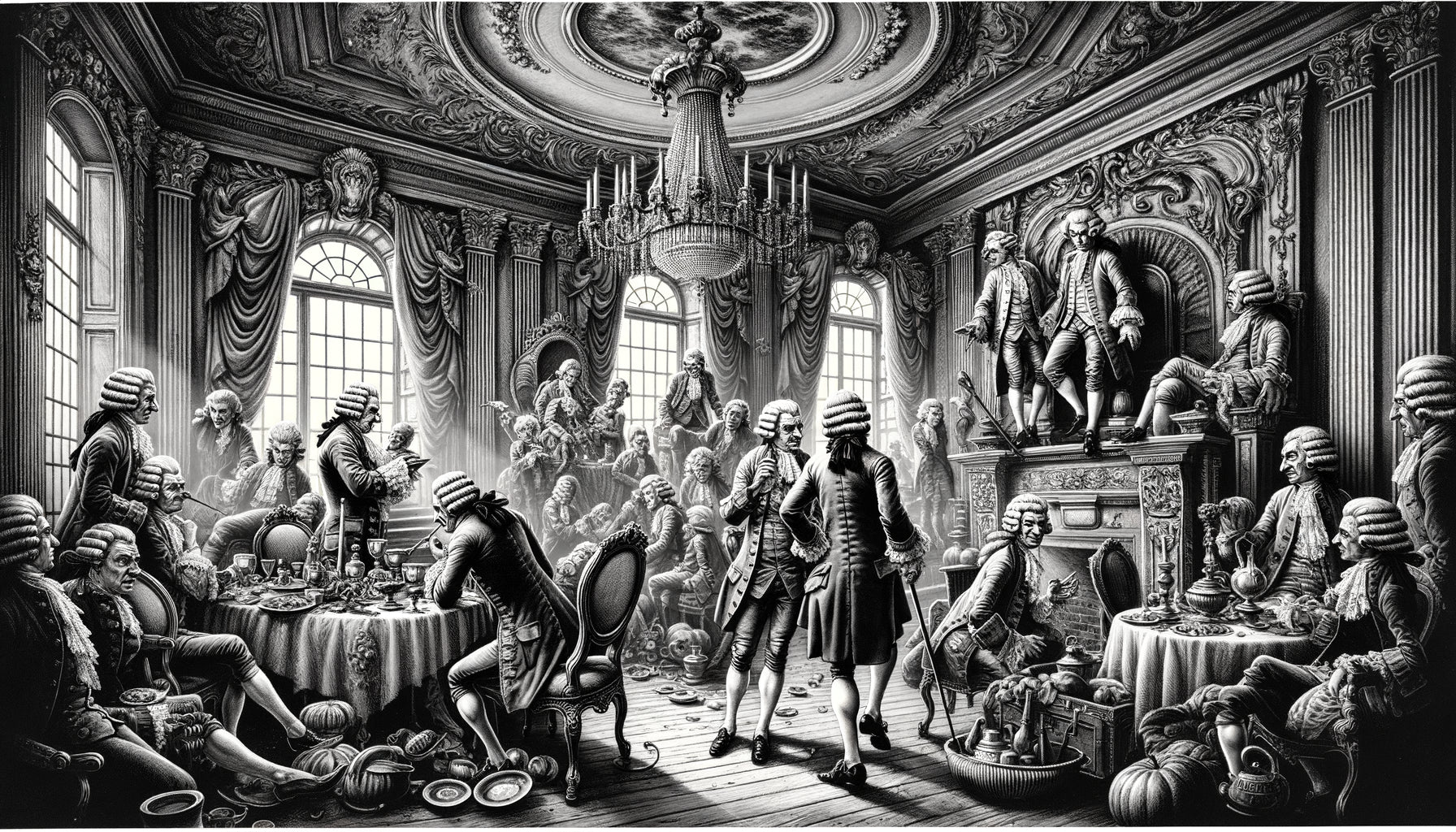 Gravure satirique style William Hogarth XVIIIe siècle, scène moralisatrice anglaise en noir et blanc avec technique de hachures