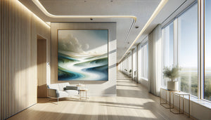 Couloir d'hôpital scandinave moderne avec paysage abstrait apaisant aux tons bleus et verts sur mur blanc minimaliste