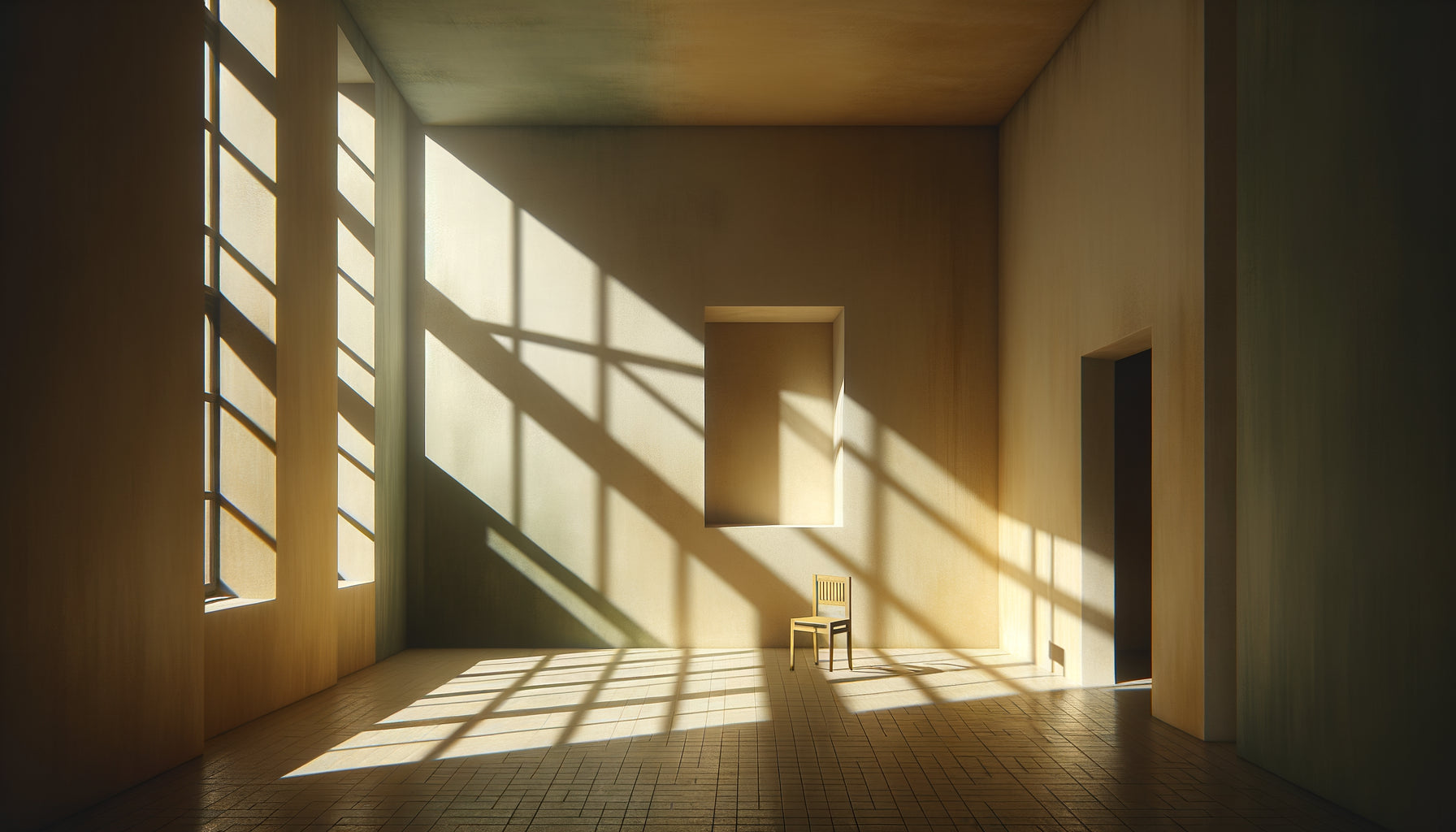 Intérieur minimaliste dans le style pictural d'Edward Hopper, lumière oblique dramatique traversant une fenêtre, atmosphère de solitude contemplative