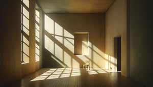 Intérieur minimaliste dans le style pictural d'Edward Hopper, lumière oblique dramatique traversant une fenêtre, atmosphère de solitude contemplative