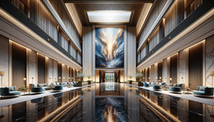 Hall de palace 5 étoiles contemporain avec tableau monumental couvrant tout le mur principal, créant un impact visuel dramatique