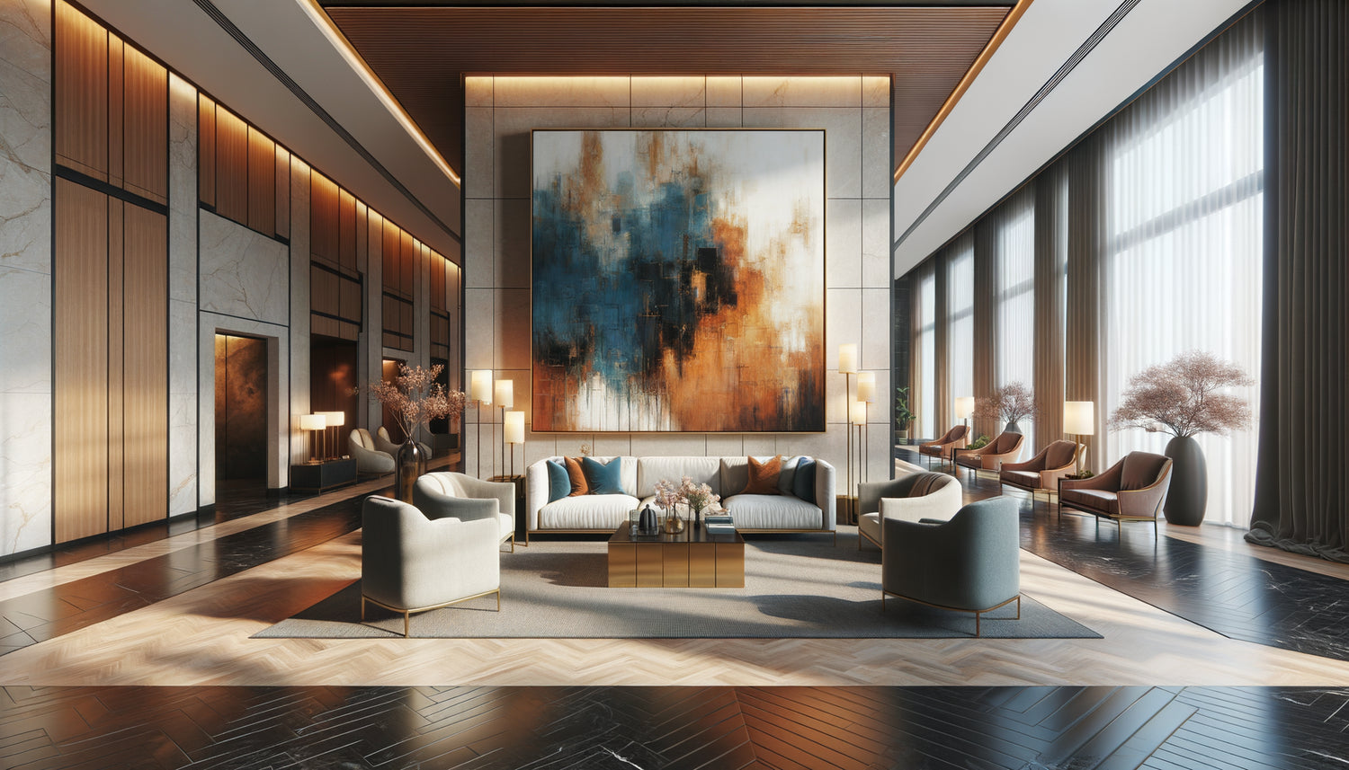 Hall d'hôtel contemporain avec œuvre d'art abstraite colorée d'artiste émergent, design minimaliste chic et ambiance galerie