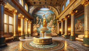 Fresque néoclassique dans un établissement thermal allemand du XIXe siècle représentant sources antiques et divinités mythologiques