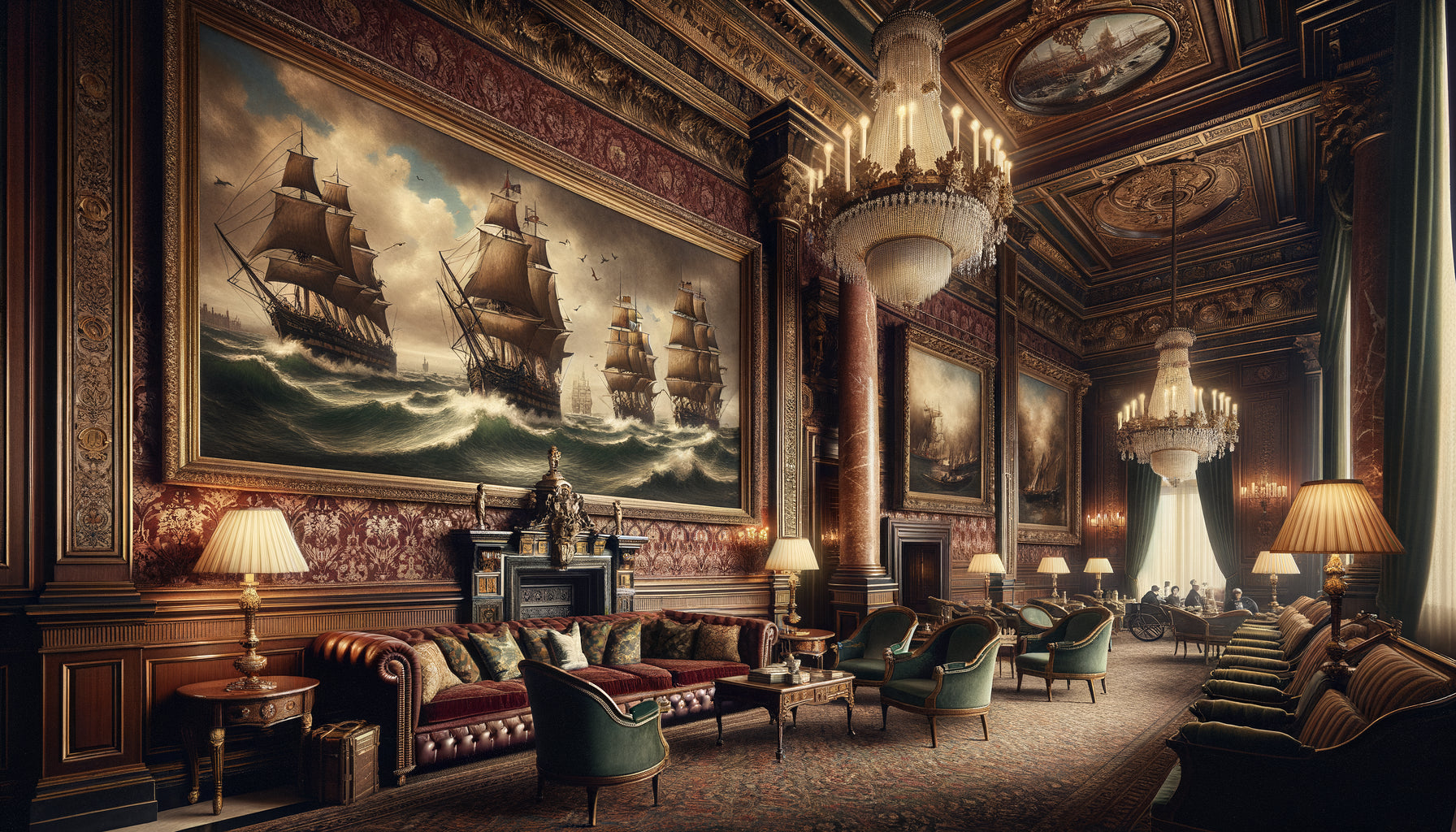 Intérieur d'hôtel victorien londonien années 1880 orné de marines encadrées, décoration impériale britannique authentique