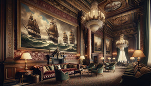 Intérieur d'hôtel victorien londonien années 1880 orné de marines encadrées, décoration impériale britannique authentique