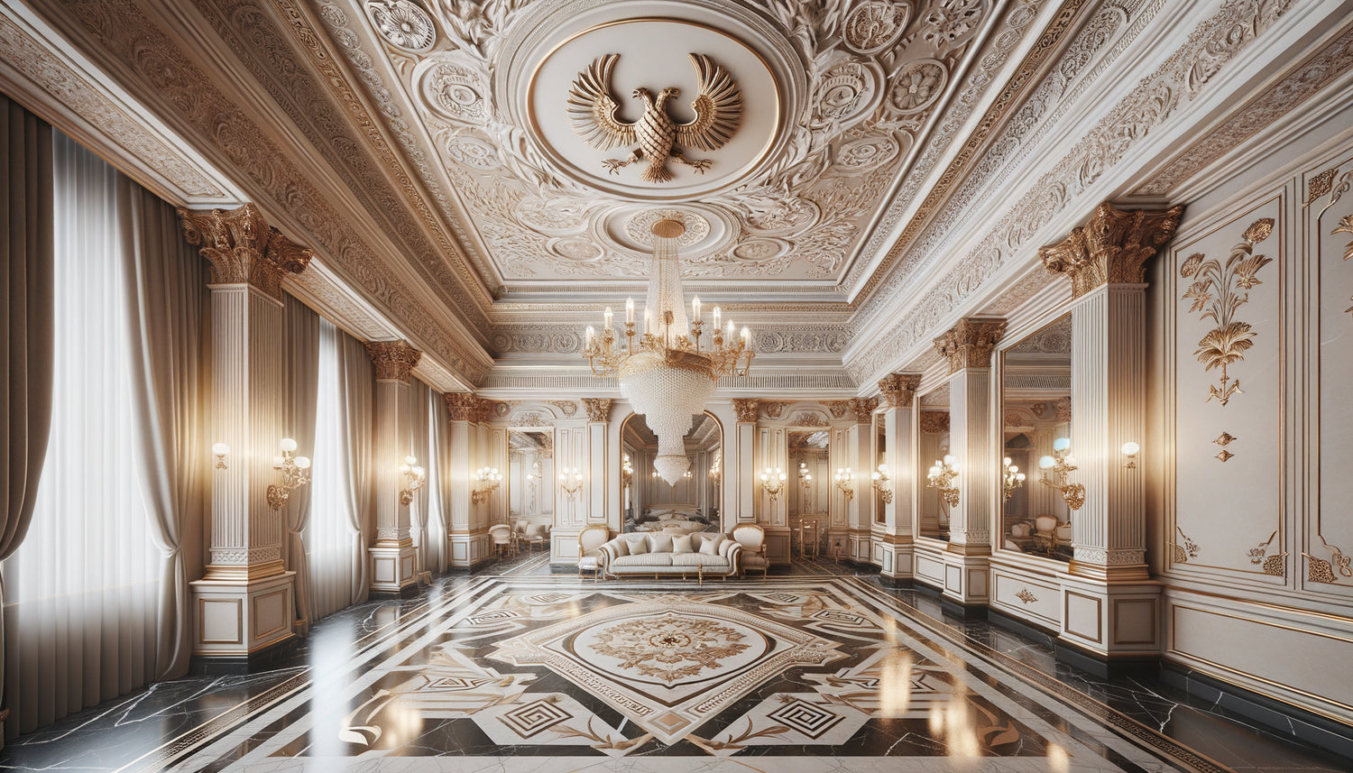 Détail d'ornements Belle Époque d'hôtel palace européen montrant symboles impériaux remplacés par motifs neutres universels