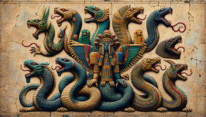 Représentations antiques comparées d'hydres à sept têtes : babylonienne, biblique, hindoue, mésoaméricaine et grecque, style iconographique ancien