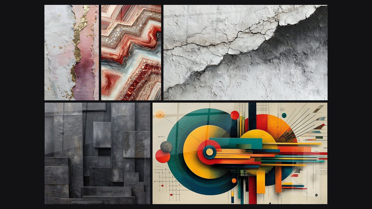 Mosaico de cinco cuadros, entre ellos Fusión Geométrica, Textura Mural Agrietada Blanco y Gris y Geométrico Energía Céntrica