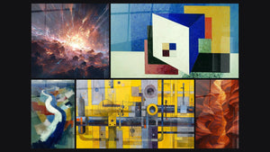 Mosaïque de cinq tableaux, dont Explosion cosmique, Rivière sinueuse abstraite et Abstraction industrielle