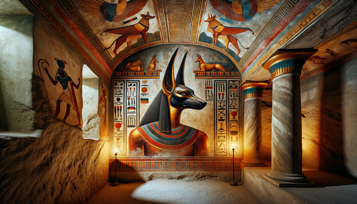 Fresque d'hypogée alexandrin gréco-romain mêlant dieu égyptien Anubis et éléments architecturaux grecs classiques