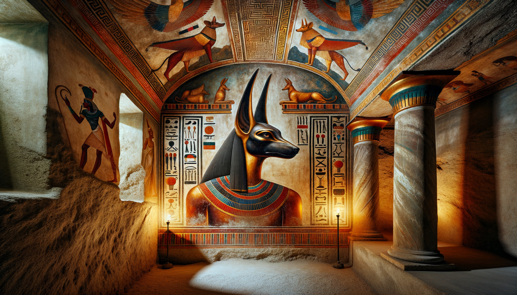Fresque d'hypogée alexandrin gréco-romain mêlant dieu égyptien Anubis et éléments architecturaux grecs classiques