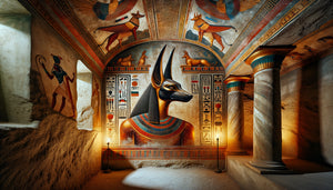 Fresque d'hypogée alexandrin gréco-romain mêlant dieu égyptien Anubis et éléments architecturaux grecs classiques