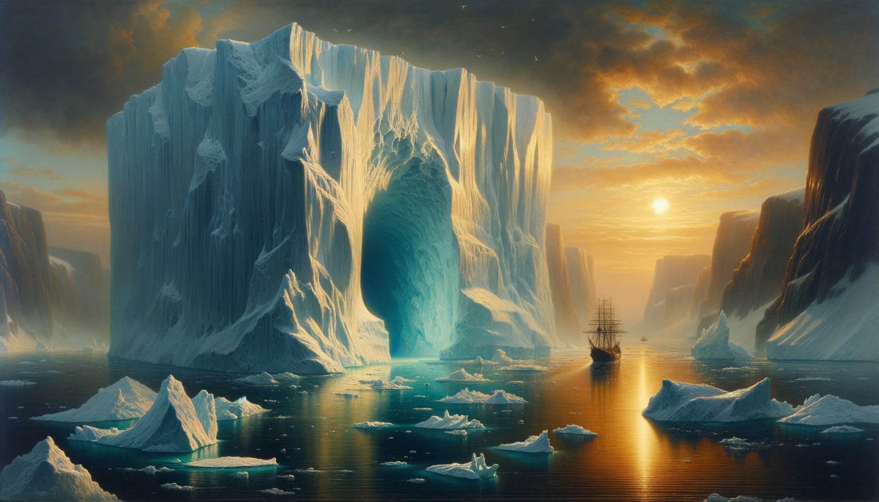Peinture romantique du 19ème siècle représentant un iceberg majestueux dans les eaux arctiques, style Hudson River School