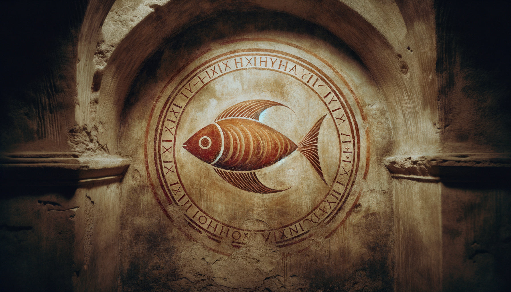 Fresque paléochrétienne des catacombes romaines représentant le symbole Ichthys, art primitif chrétien du IIe-IIIe siècle