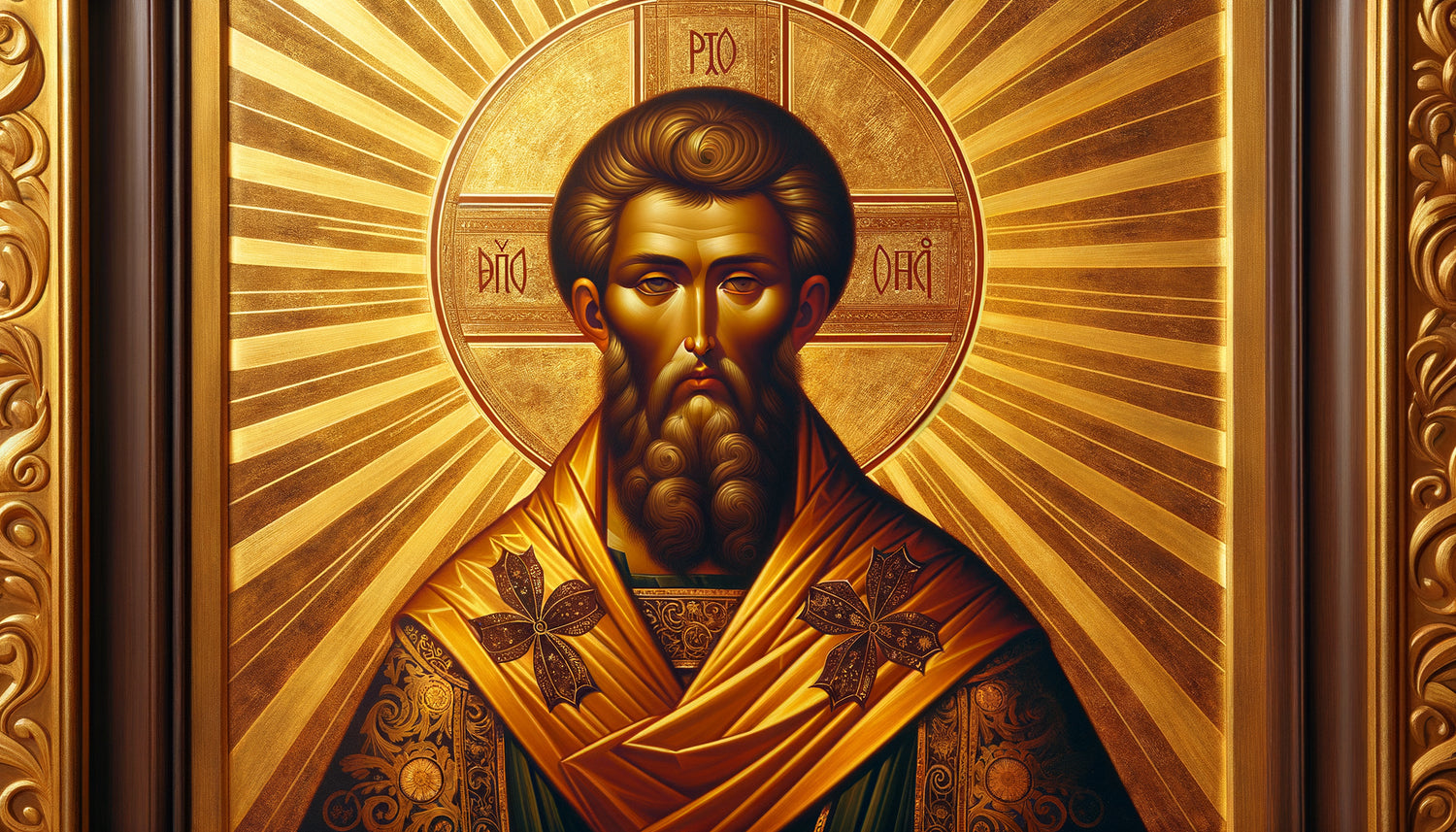 Icône orthodoxe russe traditionnelle avec saint sur fond doré représentant le cosmos divin et la lumière éternelle