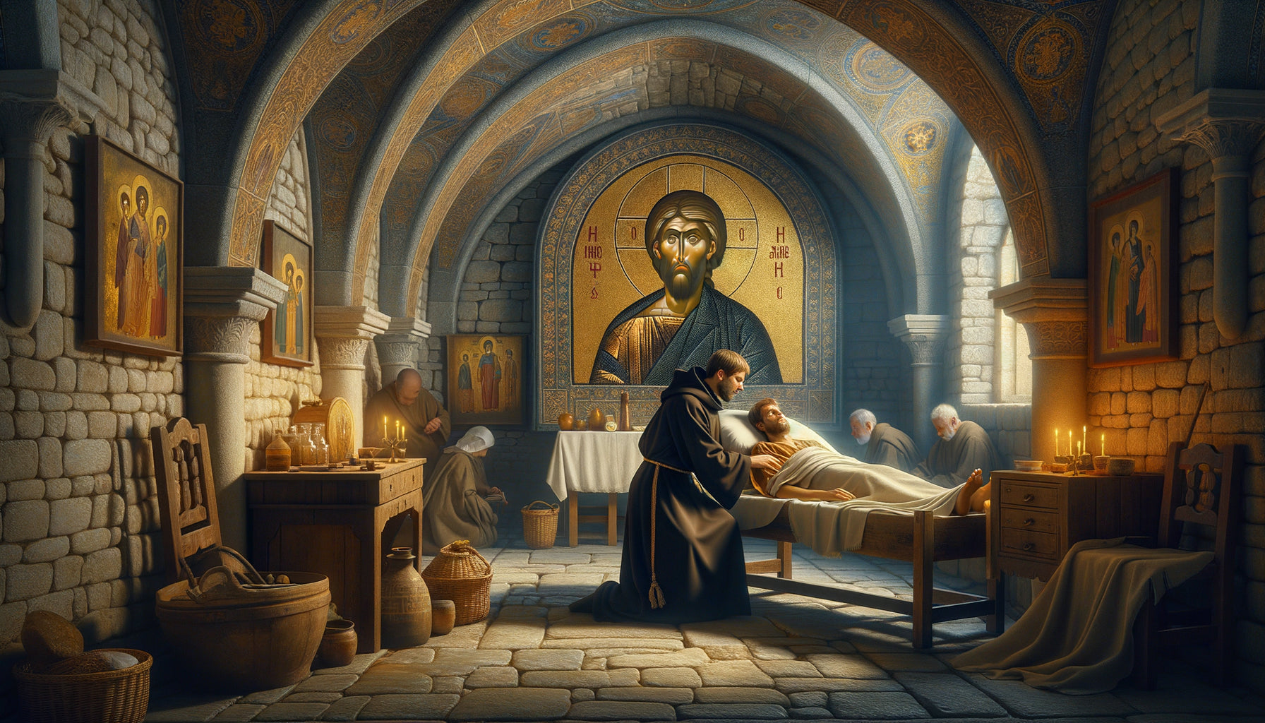 Scène d'hôpital monastique byzantin médiéval avec moine soignant un patient devant une icône dorée du Christ