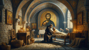 Scène d'hôpital monastique byzantin médiéval avec moine soignant un patient devant une icône dorée du Christ