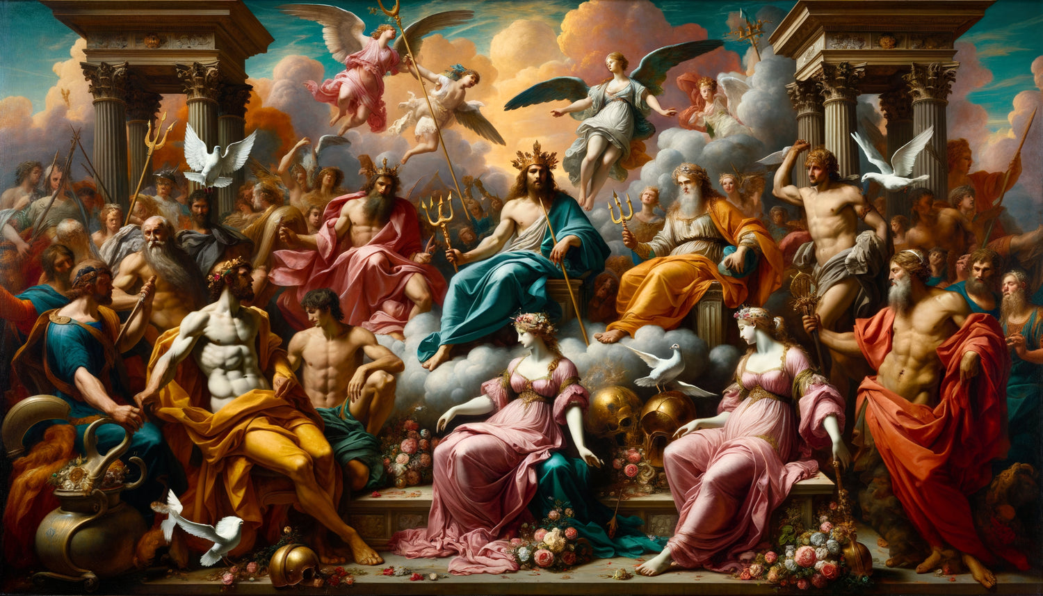 Peinture Renaissance italienne montrant les dieux olympiens avec leurs attributs iconographiques distinctifs : foudre de Jupiter, trident de Neptune, colombes de Vénus
